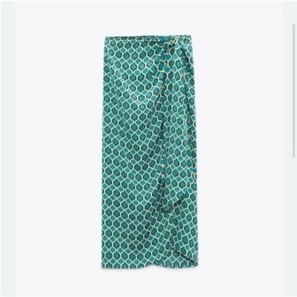 Zara Teal and White Geometric Midi Skirt - Picture 1 of 7